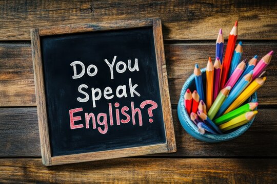 A Colorful Collection of Colored Pencils Beside a Black Chalkboard Asking 'Do You Speak English?' Ideal for Education, Learning, or Language Themes in Stock Photography - Powered by Adobe