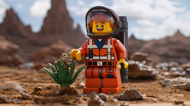 Happy astronaut minifigure examines alien plant on a desert planet.