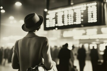 Vintage Traveler in Airport with Timetable Display, Capturing the Essence of 20th Century Travel and Nostalgia in a Bustling Terminal Environment