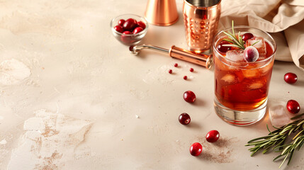 A refreshing orange cranberry rosemary and vodka cocktail with copper bar tools set against a beige background. Ideal for cocktail lovers and home bartenders seeking a stylish and flavorful drink.