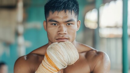 Young boxer preparing for training in a gym environment.