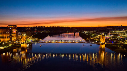 Aerial of Roebling Bridge at Dusk with Vibrant Skyline Reflections