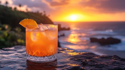 Sunset cocktail on rocks overlooking ocean.