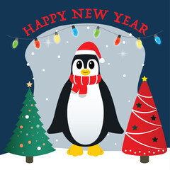 Festive New Year illustration featuring a cute penguin in a Santa hat and scarf, surrounded by christmas trees, colorful lights, and a winter scene. Perfect for holiday cards, decor, and designs.