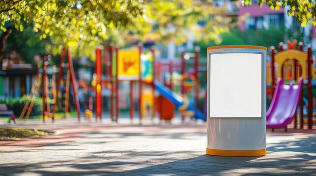 Blank outdoor advertising billboard in colorful children&rsquo;s playground setting, mockup concept