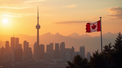 A canadian flag flying in front of a city skyline at sunset