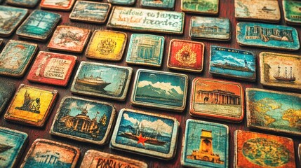 A collection of colorful vintage travel-themed magnets displayed on a wooden surface.