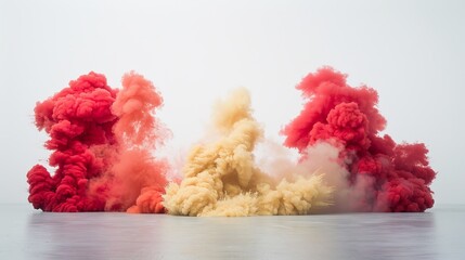 Fototapeta premium Vibrant red and gold smoke explosion against a crisp white backdrop for stunning visual impact