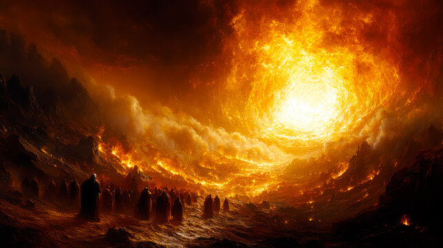 Group of sinners in front of burning Hell's gates