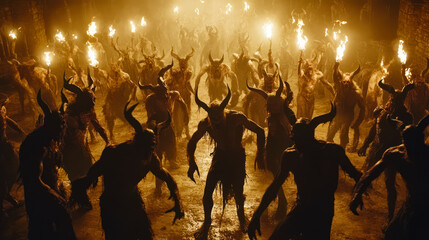Group of demons with horns dancing in hell club