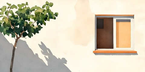 Watercolor urban sketching perspective concept. A simple wall with a window and a tree casting shadows in soft light.