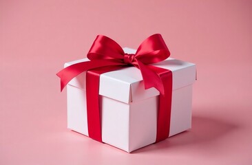 Elegant gift box with red ribbon on pink background for birthday celebration or holiday surprise