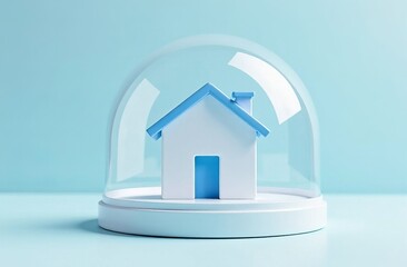 Minimalistic model house in glass dome on light blue background for modern design concepts