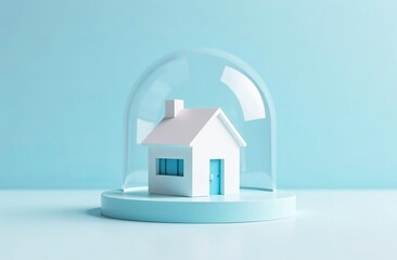 Minimalist white house under glass dome on light blue background for modern design concepts