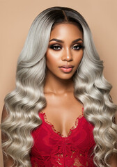 an African american woman wearing a long ash blonde lace front wig and glam makeup