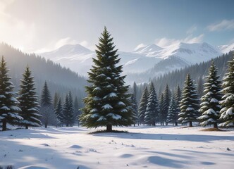 Fototapeta premium A large Christmas tree in a field surrounded by evergreen trees and snow-covered hills, snowy hills, festive atmosphere, field setting