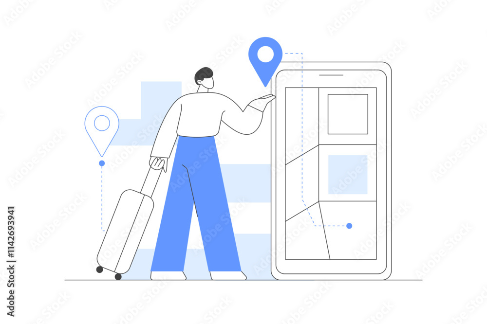 Poster man with suitcase. mobile gps navigation and tracking. holding smartphone with city map path and loc