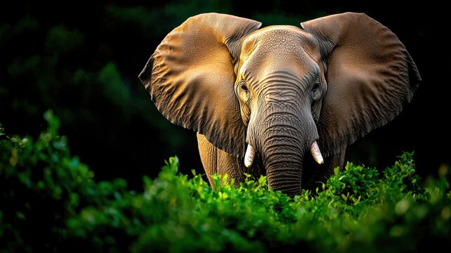 A majestic elephant emerges from lush greenery, showcasing its grandeur in a vibrant natural habitat.
