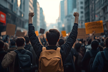 A protest march from behind. People raising fists at an urban protest rally