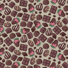 Chocolate candies seamless pattern, hand drawn desserts doodles, colored ornament of cookies icons, vector illustrations of chocolates on beige background, wrapping paper