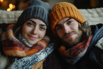 A warm-hearted couple sits together in a cozy room, trying to ignite a broken gas heater