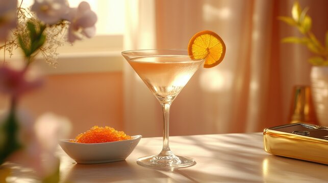 Cocktail, orange slice, caviar, bright room, elegant table.