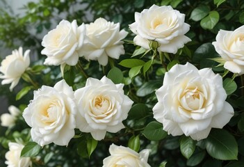 Close-up of delicate white rose blossoms against green leaves, garden, spring, petals, rose plant