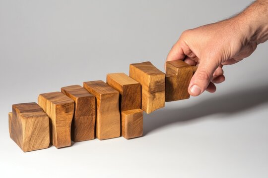 Hand placing wooden block on stacked blocks, symbolizing progress, growth, and achievement in business or personal development for educational visuals