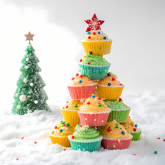 Festive Christmas Tree-Shaped Cake with Cupcakes