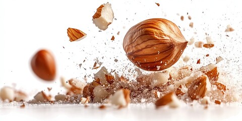 Fototapeta premium Hazelnut shell shattering upon impact against white background, jagged pieces flying out with nut inside still intact.
