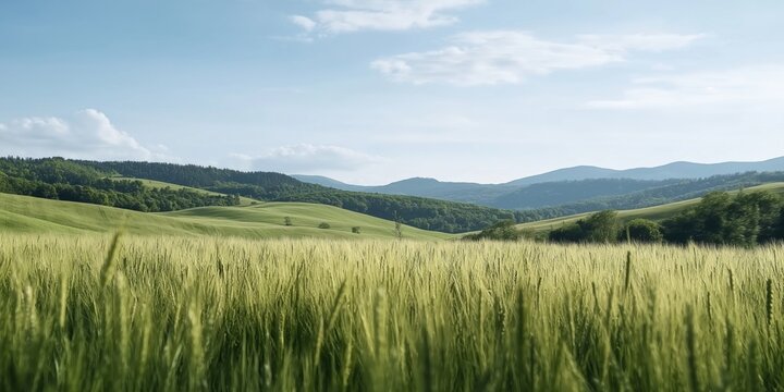 A picturesque scene captures expansive rolling hills and lush fields under a clear blue sky in the countryside.