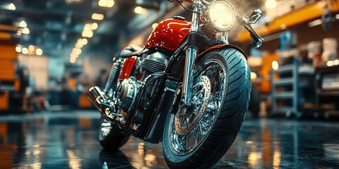  Sleek red motorcycle parked indoors under bright lights, showcasing polished chrome details and modern design.