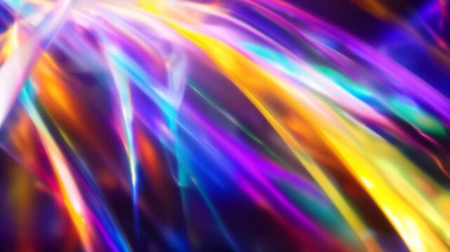 Abstract colorful light refractions with vibrant rainbow hues, parallax and soft glowing streaks creating a dreamy and ethereal visual background.  Prism light leaks with optical holographic effect