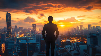 Silhouette of a man in suit overlooking a cityscape at sunset, symbolizing ambition, success, and urban lifestyle.