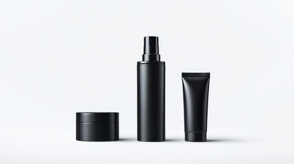 Fototapeta premium Elegant Arrangement of Two Bottles Containing Glossy Black Liquid Reflecting Light in a Minimalist Setting Evoking Mystery and Sophistication