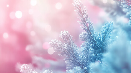 Frosted evergreen branch with a pink bokeh background