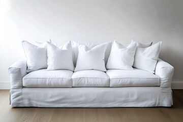 Photo minimalist Scandinavian home interior design features a modern living room with a white sofa on a wooden parquet.