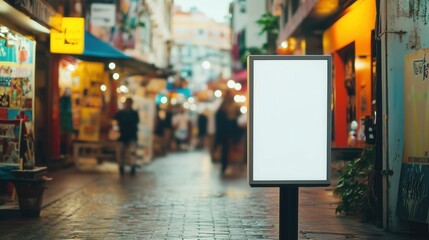 Fototapeta premium Blank signboard on a busy city street at dusk with colorful lights, mockup concept