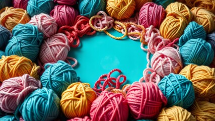 Colorful Yarn Balls Encircling Turquoise Center - Craft Harmony