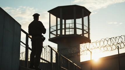 A silhouette of a guard stands near a prison watchtower at sunset, highlighting security.