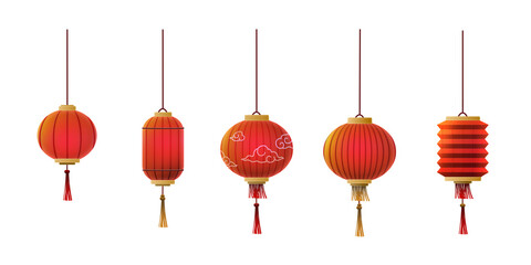 Set of Chinese Red Paper Lanterns on a transparent background, Lunar New Year, realistic shadow and shade illustration style