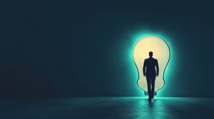 Obraz premium A silhouette of a man walking towards a glowing lightbulb, symbolizing ideas and inspiration.