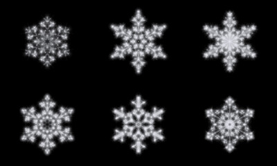 Set White glowing transparent snowflake, isolated icon. Merry Christmas and Happy New Year. Simple neon light. Shining winter, xmas lamp. Fluorescent, luminescent illumination.
