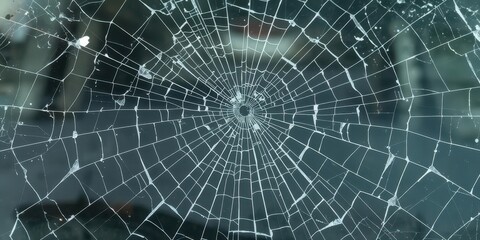 Obraz premium Cracked and spiderwebbed car windshield glass, shattered by impact, injury, repair, broken glass