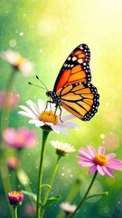 Obraz premium spring meadow with colorful butterflies fluttering above wildflowers, close-up view of a monarch butterfly, spring,poster, postcard,screensaver, wallpaper