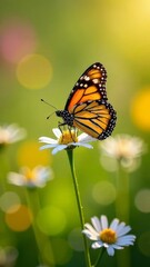 Naklejka premium spring meadow with colorful butterflies fluttering above wildflowers, close-up view of a monarch butterfly, spring,poster, postcard,screensaver, wallpaper