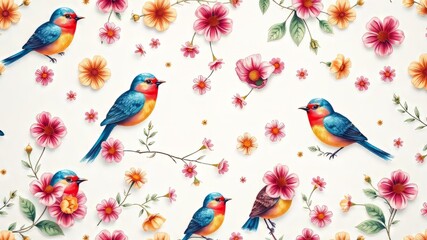 Cute Birds & Flowers Seamless Pattern, White Background, Bright Colors, High Resolution