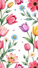 pattern of spring flowers tulips, daisies, peonies, soft pastel of pink on a white background, fabric prints, wrapping paper, or design,illustration , watercolor, poster, postcard,screensaver, wallpap