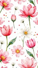 pattern of spring flowers tulips, daisies, peonies, soft pastel of pink on a white background, fabric prints, wrapping paper, or design,illustration , watercolor, poster, postcard,screensaver, wallpap