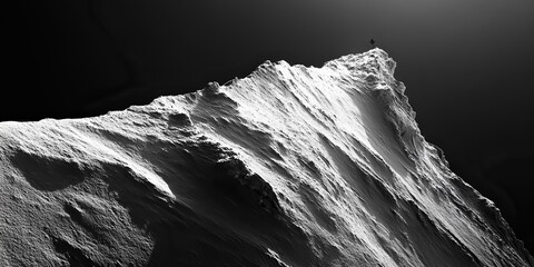  Majestic perspective of high dune ridge, with soft, untouched sand on one side and steep slope cascading into deep shadows on other, scale emphasized by tiny figure climbing upward.